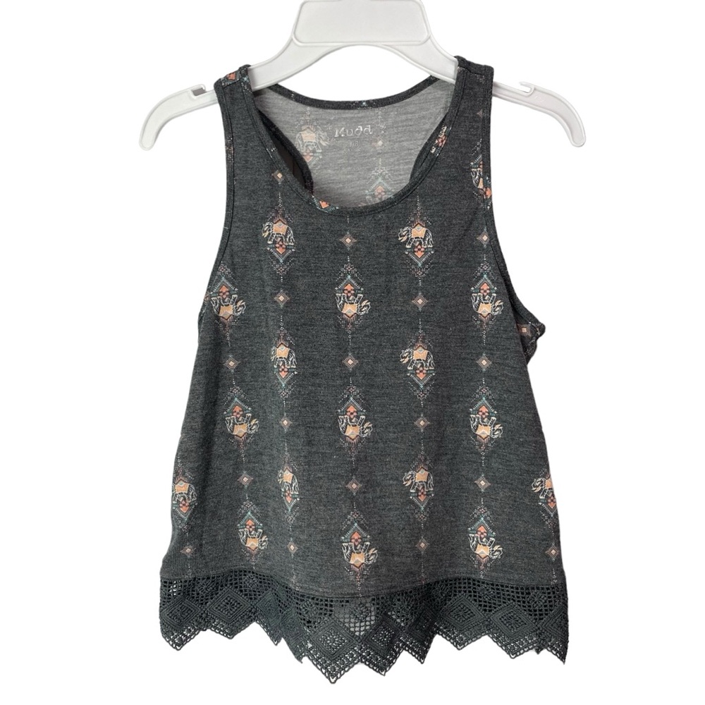 Mudd racerback tank heather dark gray elephant print, lace trim size girls 7/8
